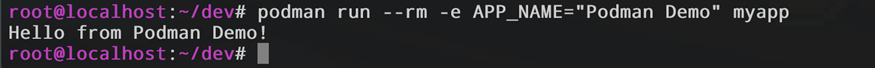 Скриншот терминала: запуск контейнера с передачей переменной через флаг -e APP_NAME='Podman Demo'. Вывод программы: Hello from Podman Demo!