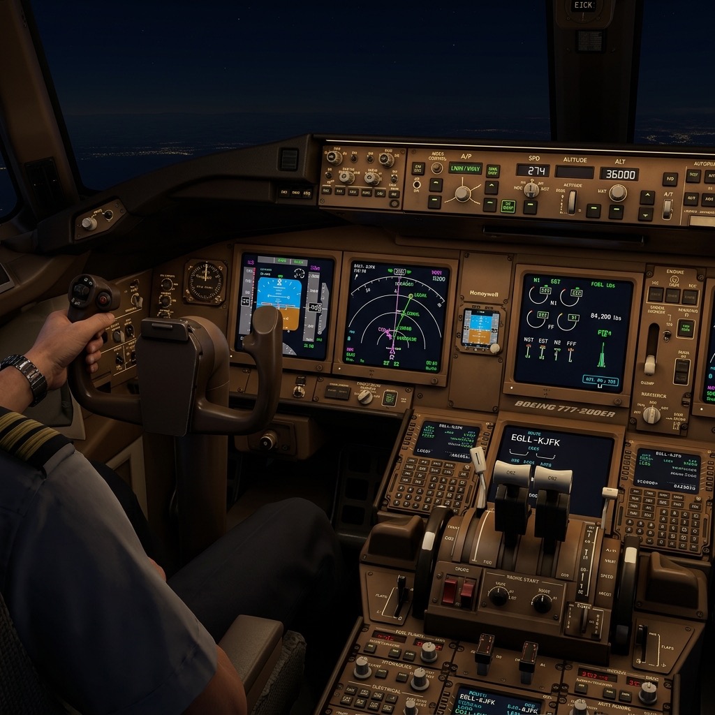 Симулятор кабины Боинга с включенными дисплеями и штурвалом.