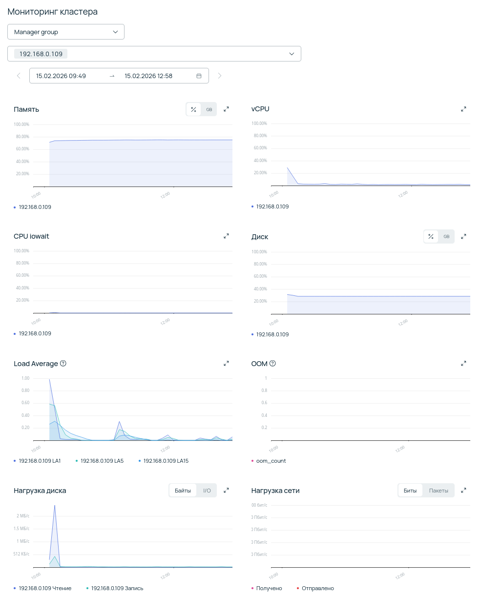 Графики мониторинга инфраструктуры кластера в Selectel: метрики потребления процессора, памяти и диска.