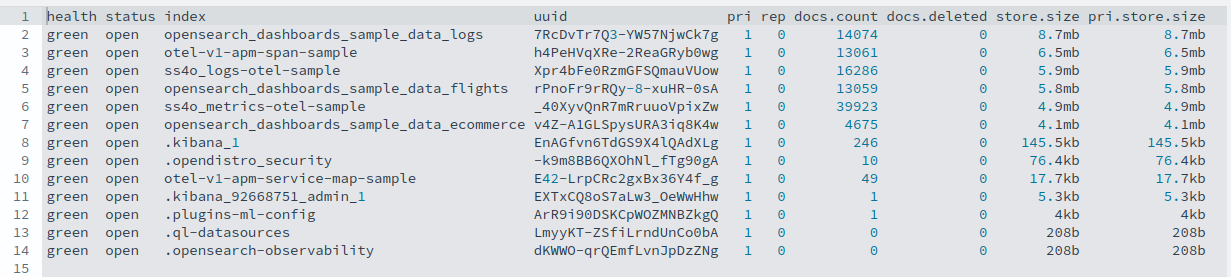 Получение информации об индексах.