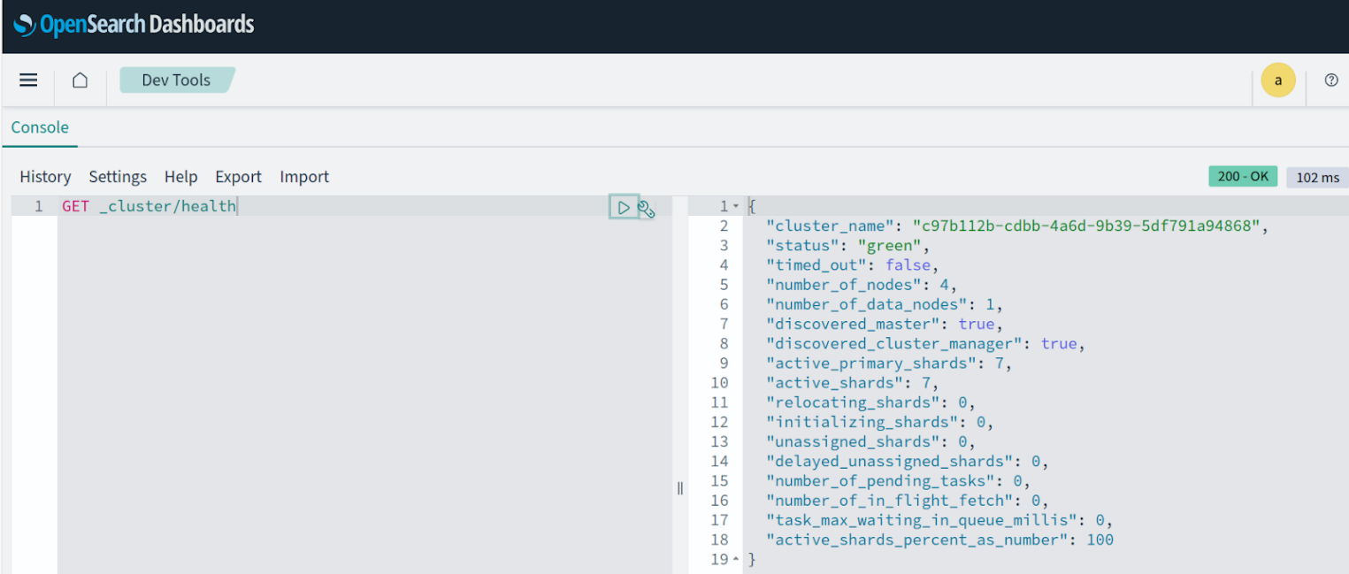 Проверка статуса кластера через встроенную консоль Dev Tools в интерфейсе OpenSearch Dashboards.