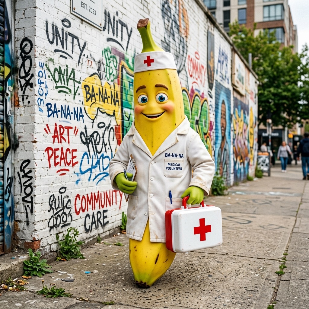 Улыбающийся персонаж-банан в белой форме медика с чемоданчиком.