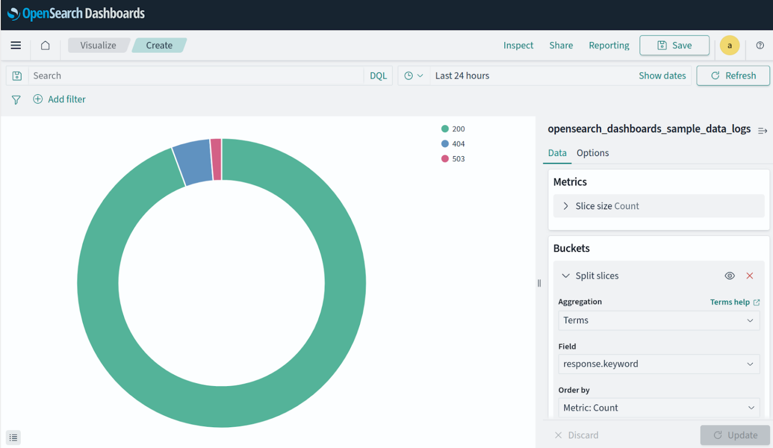 Создание круговой диаграммы кодов ответов HTTP в разделе визуализаций Visualize.