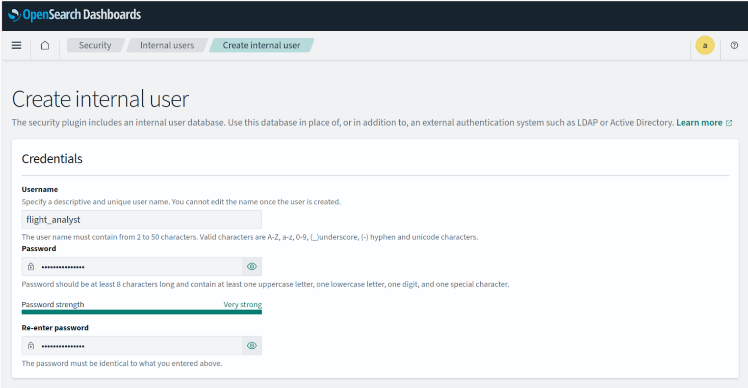Форма создания новой учетной записи внутреннего пользователя аналитика в плагине Security.