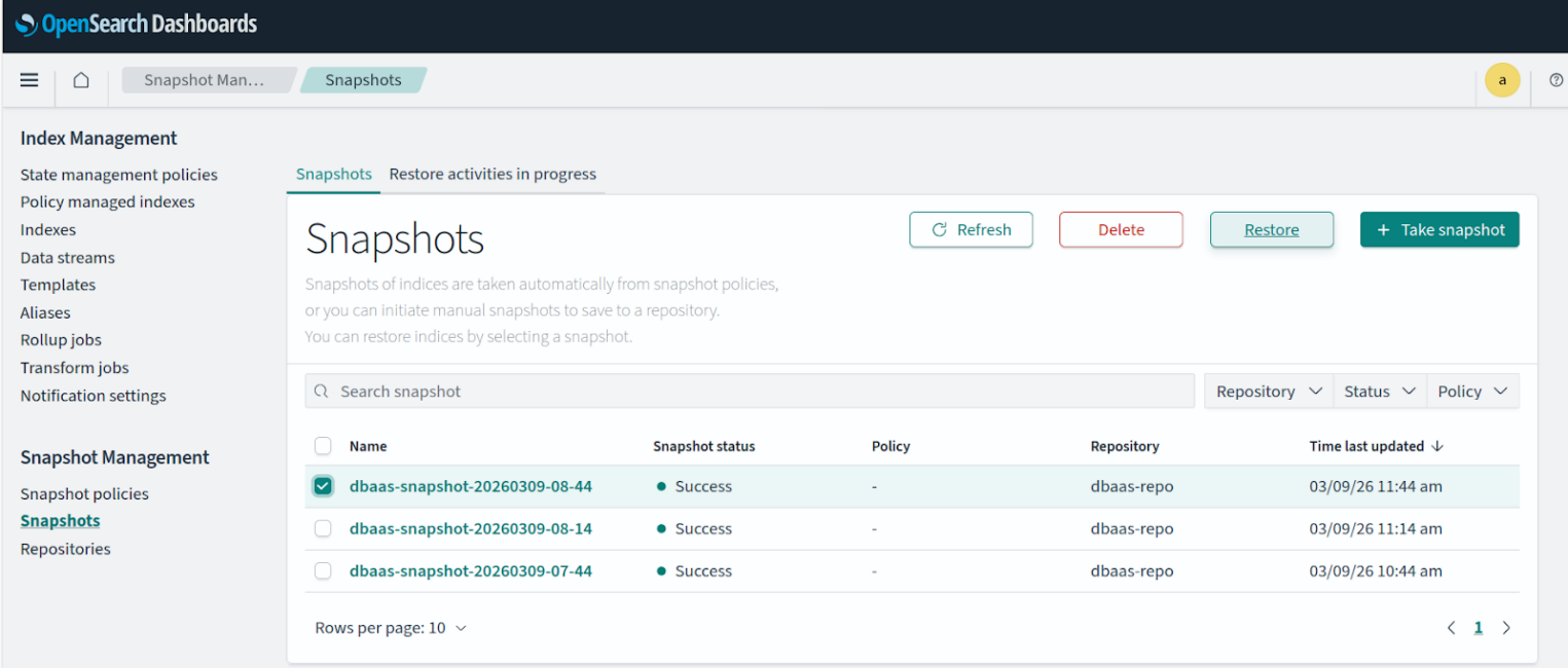 Выбор доступного снапшота для последующего восстановления.