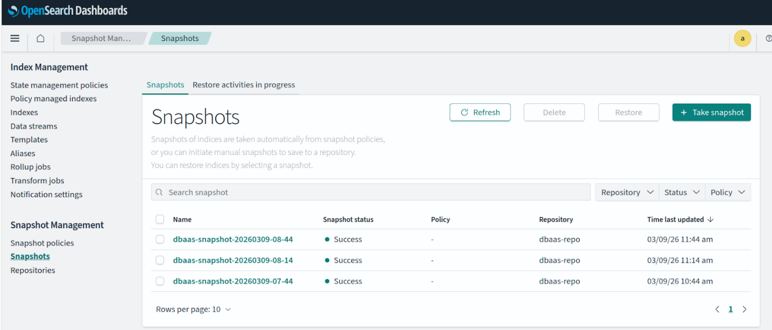 Журнал успешных автоматических резервных копий кластера в разделе Snapshot Management.