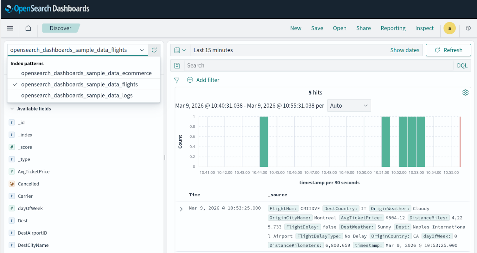 Инструмент Discover в OpenSearch Dashboards для поиска и просмотра документов в индексе авиарейсов.
