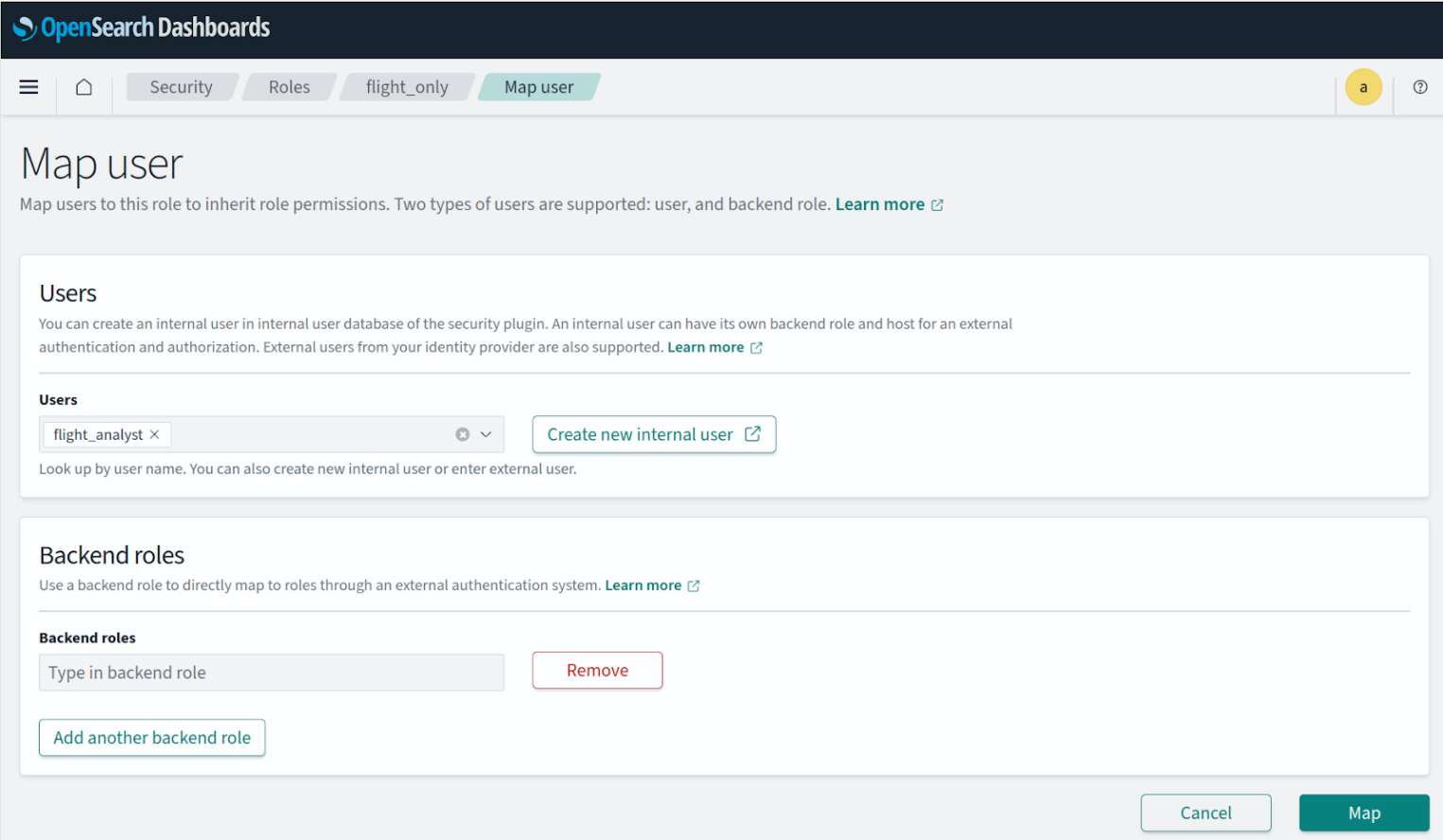 Назначение настроенной роли пользователю в интерфейсе управления доступом Map user.