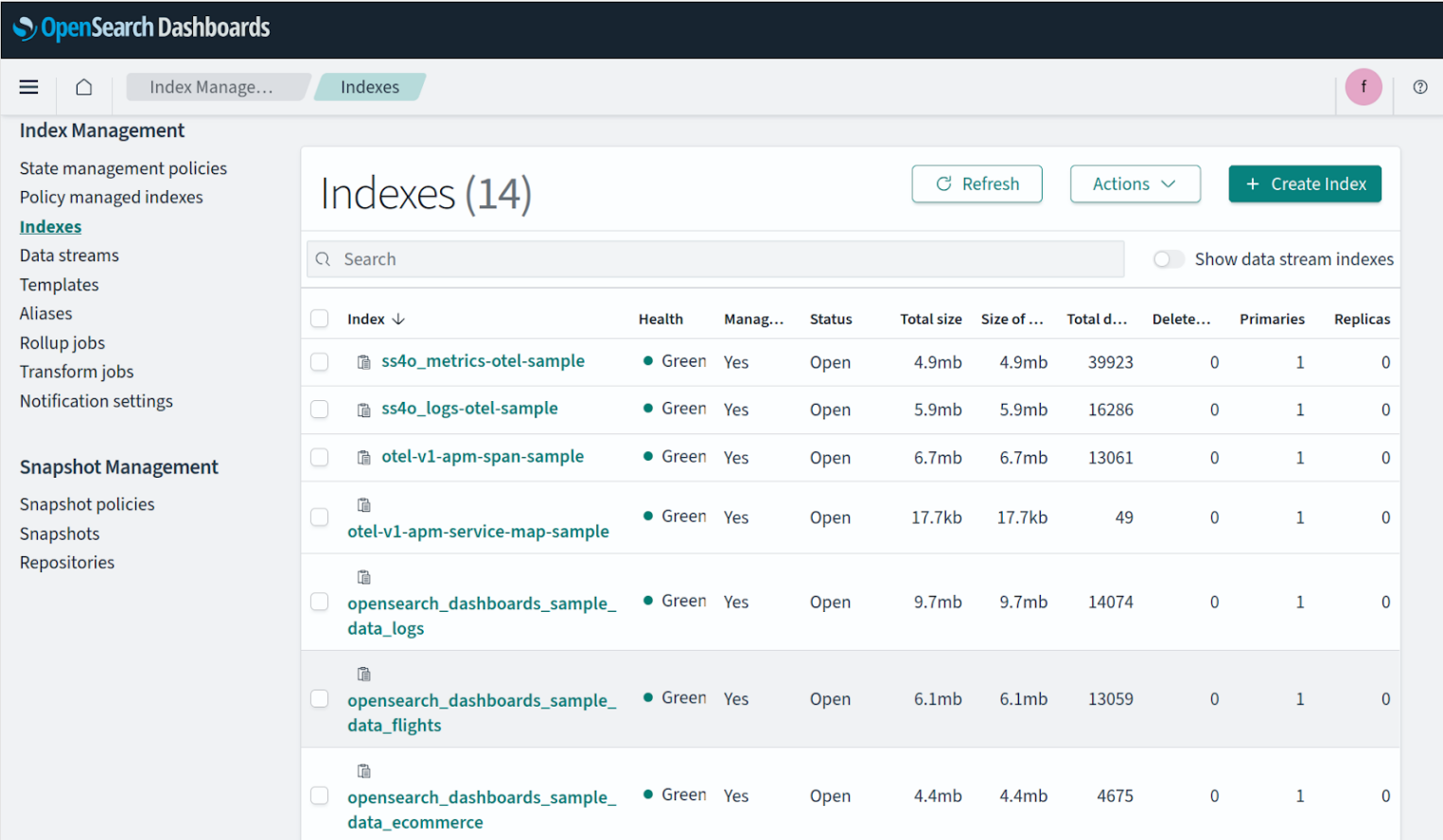 Обзор состояния индекса авиарейсов со статусом Health Green в разделе Index Management.