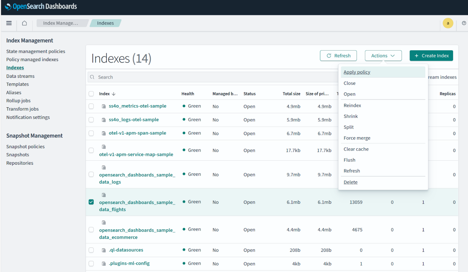 Меню удаления индекса данных.