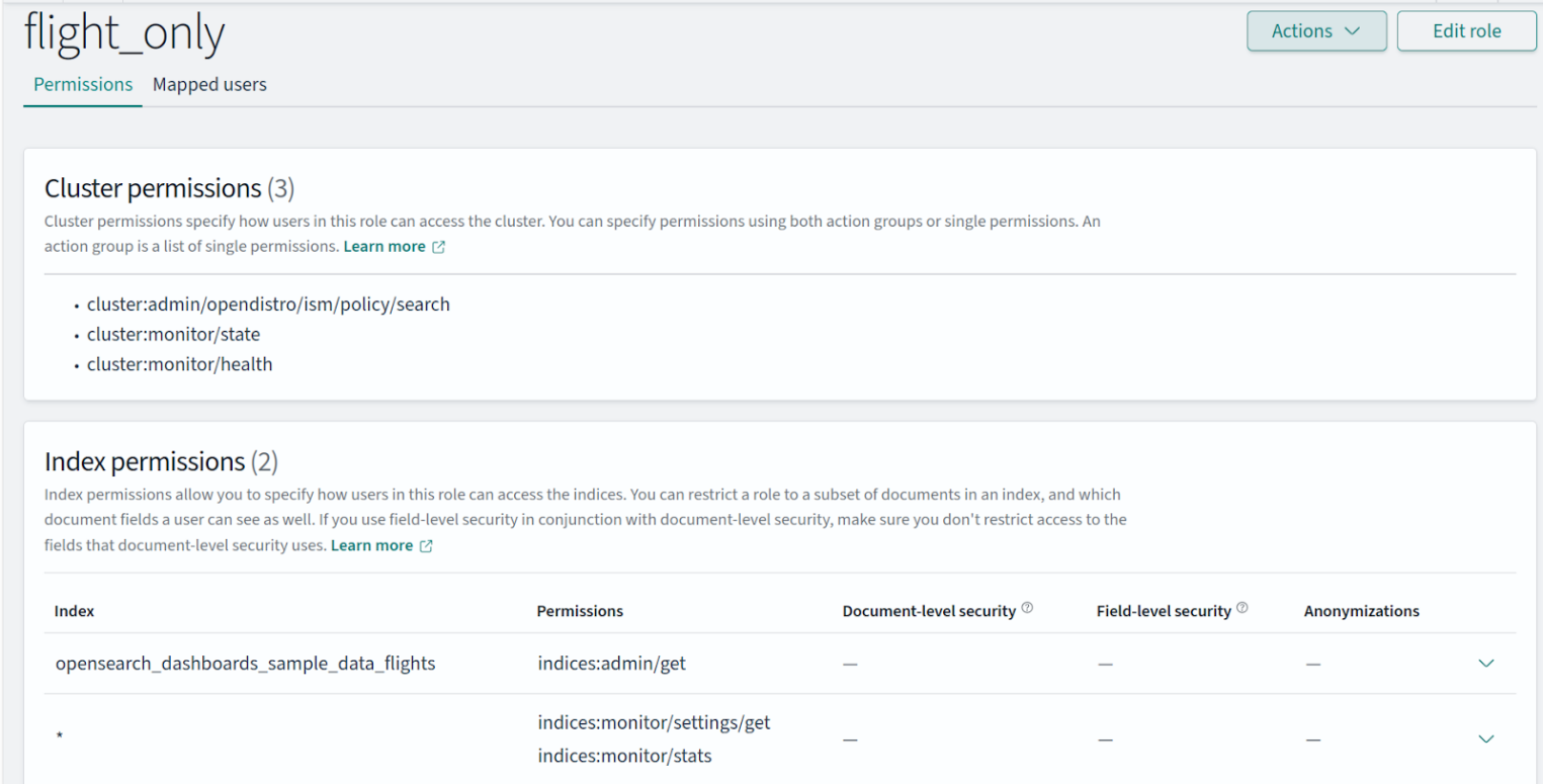 Настройка разрешений кастомной роли для доступа к кластеру и конкретному индексу авиарейсов.