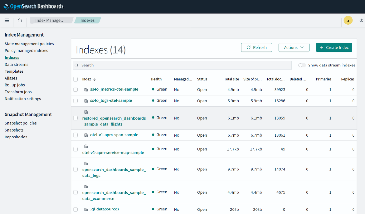 Отображение успешно восстановленного из снапшота индекса в общем списке раздела Index Management.