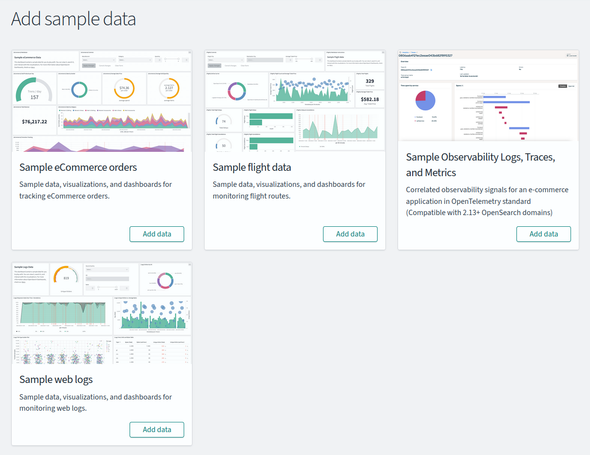 Меню Add sample data с выбором тестовых наборов данных: e-commerce, авиарейсы, веб-логи и метрики.