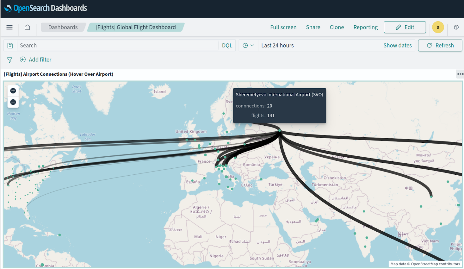 Интерактивная карта географии авиамаршрутов на полноэкранном дашборде Global Flight Dashboard.