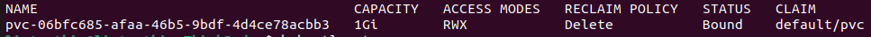 Консольный вывод команды kubectl get pv: параметры созданного тома PersistentVolume с требуемым режимом доступа ReadWriteMany (RWX).
