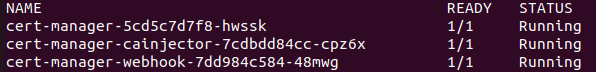 Вывод консоли терминала: статус подов контроллера cert-manager, все три системных компонента работают корректно в статусе Running.