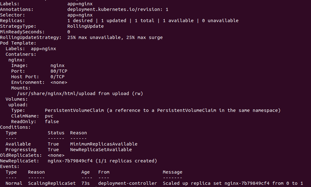 Вывод команды kubectl describe deployment: детальная информация о приложении NGINX с одной рабочей репликой и успешно примонтированным сетевым томом upload.