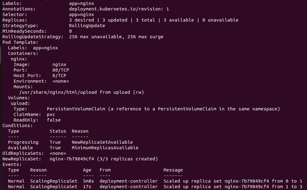Вывод терминала K8s после масштабирования: статус приложения NGINX, успешно запущенного в три реплики с конкурентным доступом к общему сетевому диску.