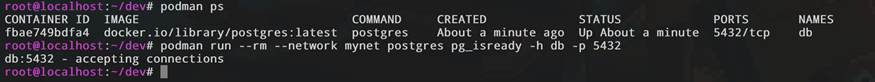 Команда проверки готовности базы данных pg_isready внутри пода Podman. Результат: localhost:5432 - accepting connections.
