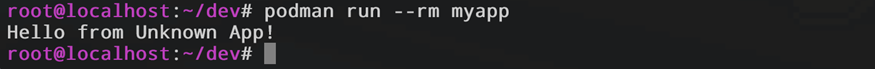 Скриншот терминала: запуск контейнера myapp без передачи переменных. Программа выводит текст по умолчанию: Hello from Unknown App!