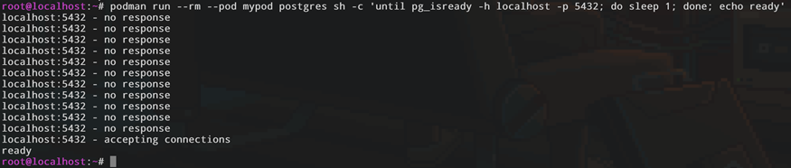 Скриншот терминала с выполнением Bash-скрипта внутри пода. Виден цикл ожидания с многократными сообщениями no response, который завершается статусом accepting connections и финальным словом ready.