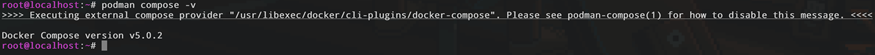 Проверка версии установленного плагина Docker Compose (версия v5.0.2) через команду «podman compose -v».