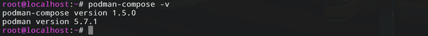 Вывод команды «podman-compose -v», показывающий версии установленного инструмента podman-compose (1.5.0) и самого Podman (5.7.1).
