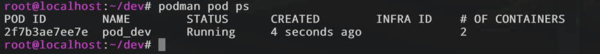 Вывод команды podman pod ps, показывающий статус пода pod_dev. Под находится в состоянии Running, содержит 2 контейнера и был создан несколько секунд назад.