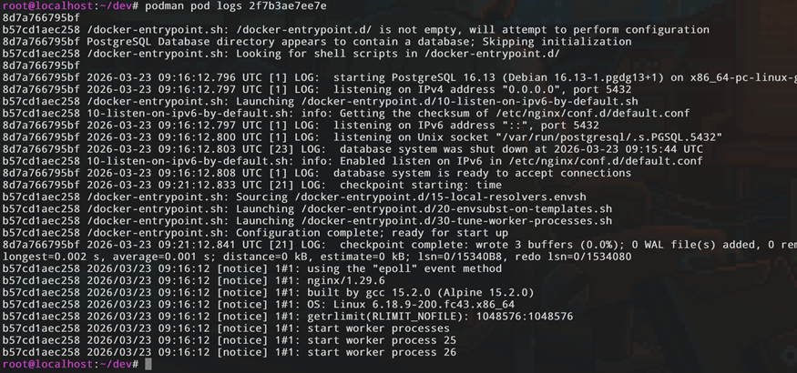 Логи пода (podman pod logs), содержащие записи запуска PostgreSQL 16.13 и Nginx 1.29.6, а также сообщение о готовности БД принимать соединения.