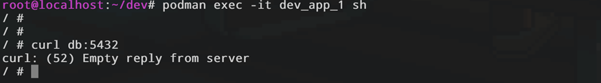 Выполнение команды «curl db:5432» внутри контейнера dev_app_1, возвращающее ошибку «Empty reply from server» вместо успешного соединения.