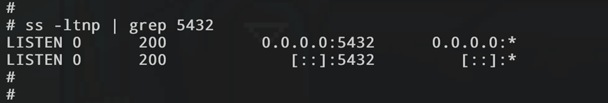 Вывод команды «ss -ltnp | grep 5432» в терминале, показывающий, что порт 5432 прослушивается на всех интерфейсах (0.0.0.0 и [::]) внутри контейнера.