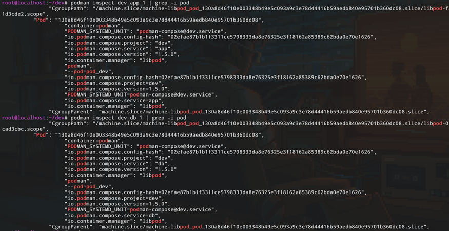 Скриншот терминала с выводом команды podman inspect для контейнеров dev_app_1 и dev_db_1. В JSON-структуре подсвечены одинаковые идентификаторы пода (Pod ID), что подтверждает объединение контейнеров в единое пространство имен через podman-compose.