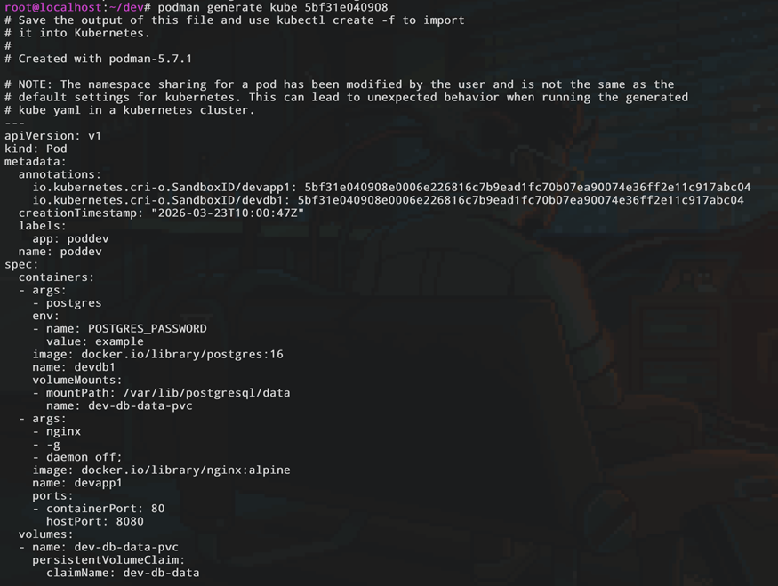 Сгенерированный YAML-файл манифеста Kubernetes (apiVersion: v1, kind: Pod) для пода с контейнерами postgres и nginx, созданный командой «podman generate kube».