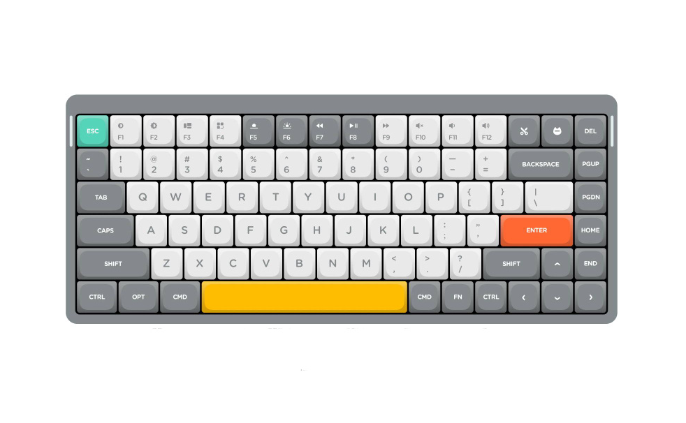 Компактная механическая клавиатура NuPhy Air75 с серо-белыми клавишами и ярким желтым пробелом.