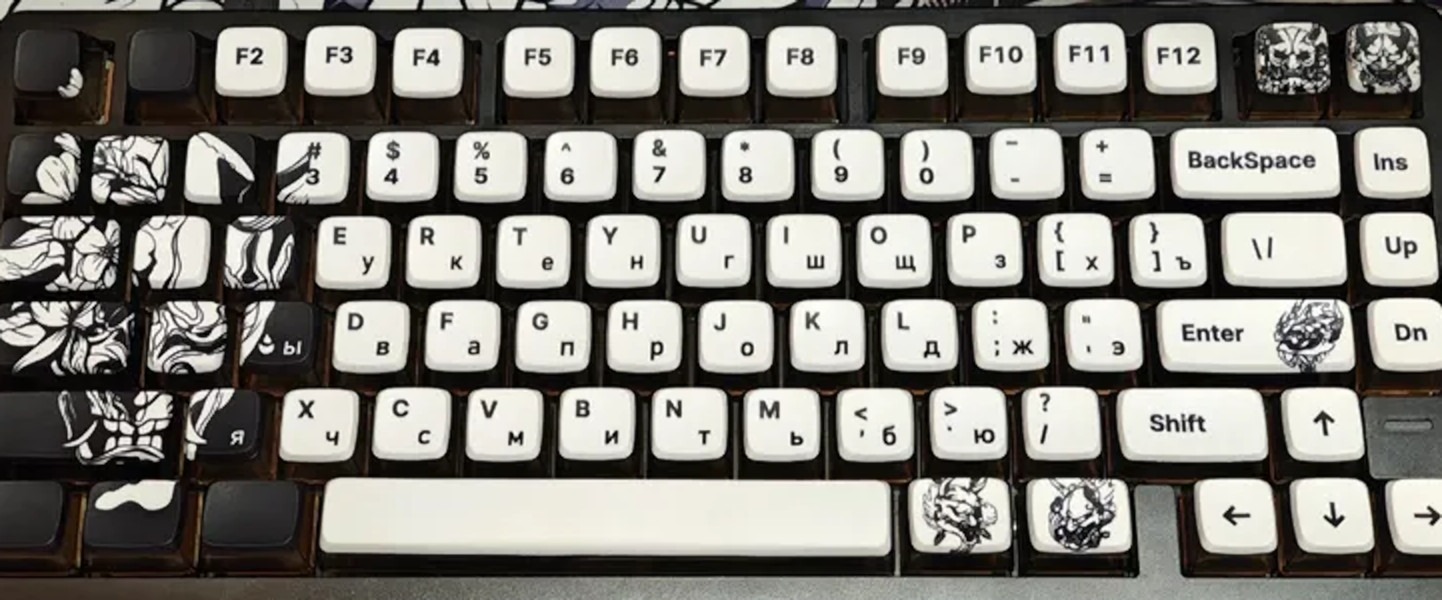 Набор колпачков с излишним флористическим принтом черного цвета на левой стороне клавиатуры.