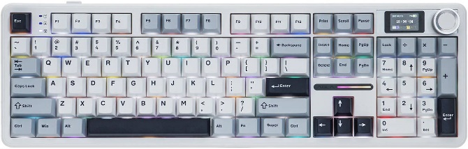 Механическая клавиатура Aula F108Pro белого цвета с RGB-подсветкой, цифровым блоком и регулятором громкости.