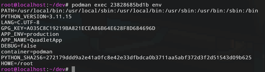 Вывод команды podman exec env для контейнера, запущенного через Quadlet. Видны переменные APP_ENV=production и APP_NAME=QuadletApp.