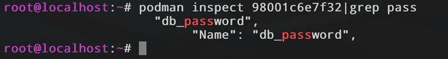Команда podman inspect, показывающая метаданные секрета db_password в формате JSON внутри терминала.