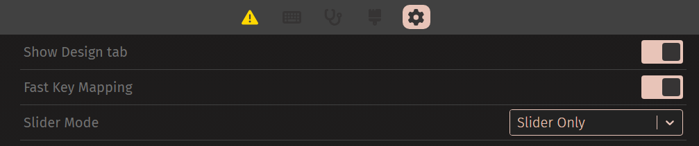 Меню настроек программы VIA с активированным переключателем отображения вкладки Design.
