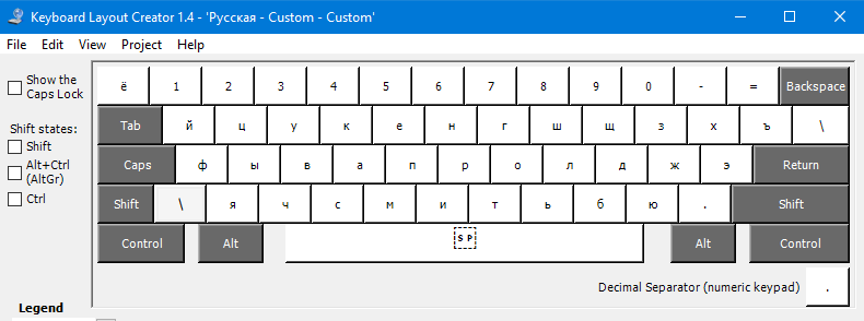 Окно программы Microsoft Keyboard Layout Creator для создания пользовательской раскладки с точкой на цифровом блоке.