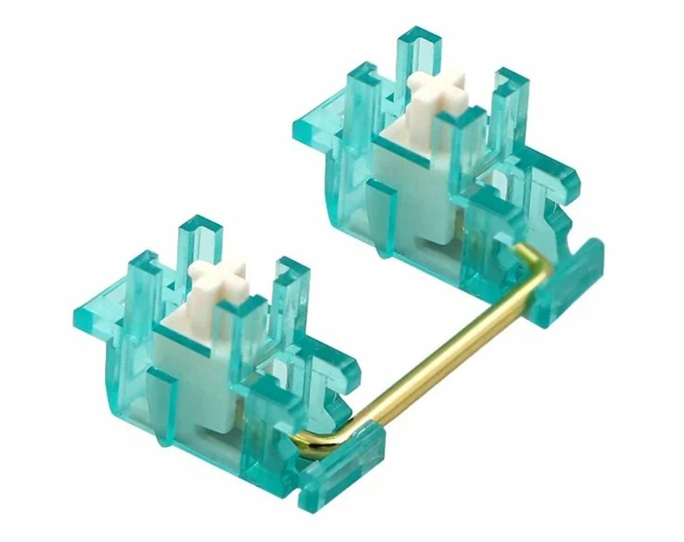 Детальное устройство прозрачного голубого стабилизатора с золотистой металлической скобой.