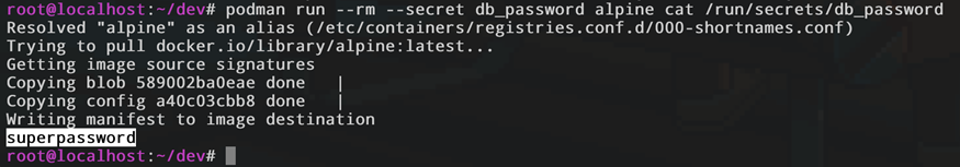 Скриншот терминала: чтение файла секрета внутри контейнера alpine. Вывод отображает значение секрета: superpassword.