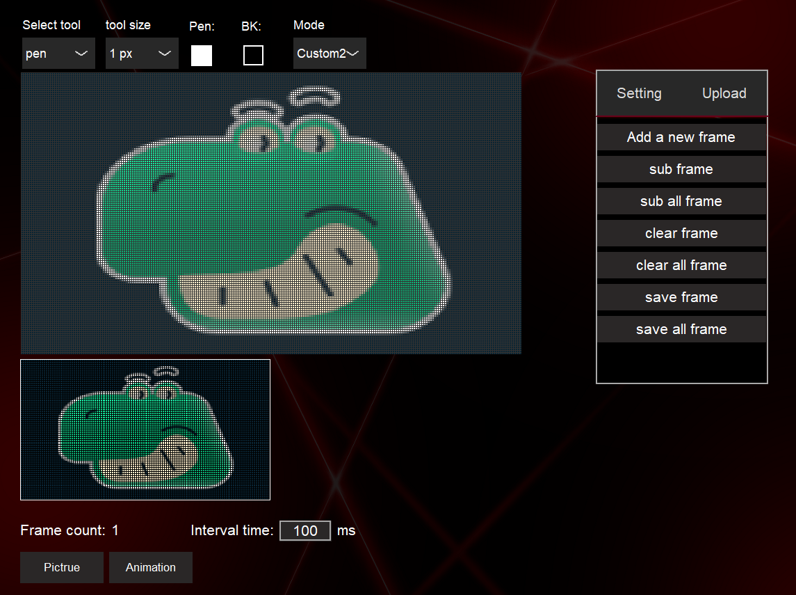 Окно программы Image Custom Tool с нарисованной пиксельной анимацией зеленого динозавра для экрана клавиатуры.