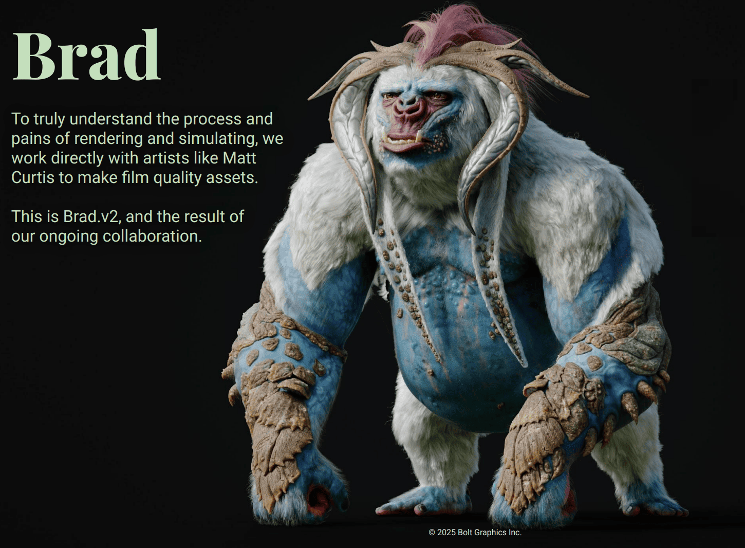 Высокодетализированный 3D-персонаж, созданный в рамках сотрудничества компании Bolt Graphics и художника Мэтта Кертиса (Matt Curtis) для демонстрации возможностей рендеринга.