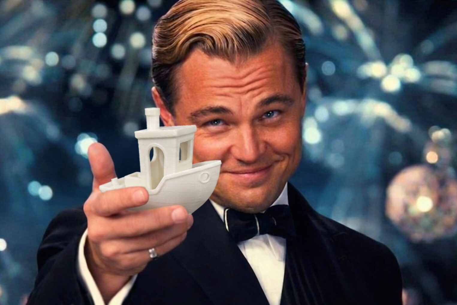 Мем с Леонардо Ди Каприо в костюме, который поднимает бокал, замененный на 3D-модель пластикового кораблика.