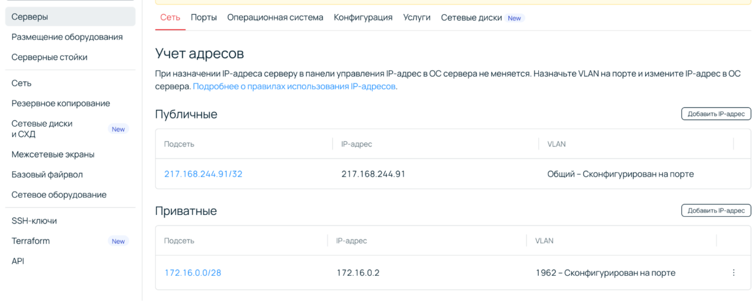 Панель управления: отображены публичные и приватные IP-адреса.