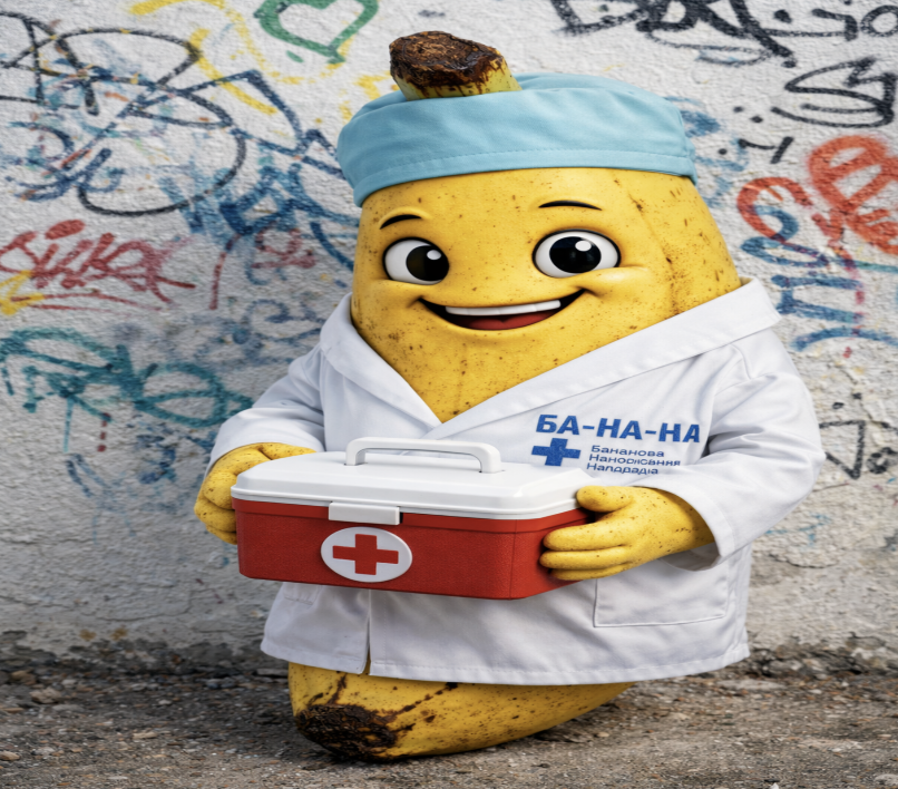 Банан в халате врача держит аптечку на фоне рисунков.