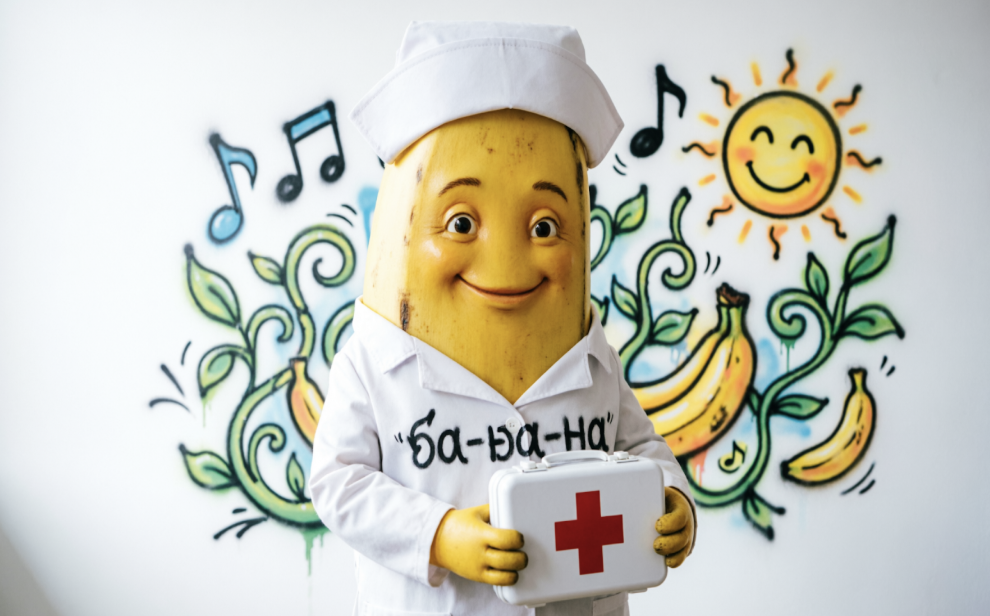 Персонаж-банан в медицинском халате с белым чемоданчиком.