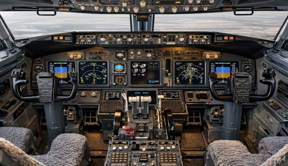 Приборная панель кабины пилотов самолета Боинг с дисплеями.