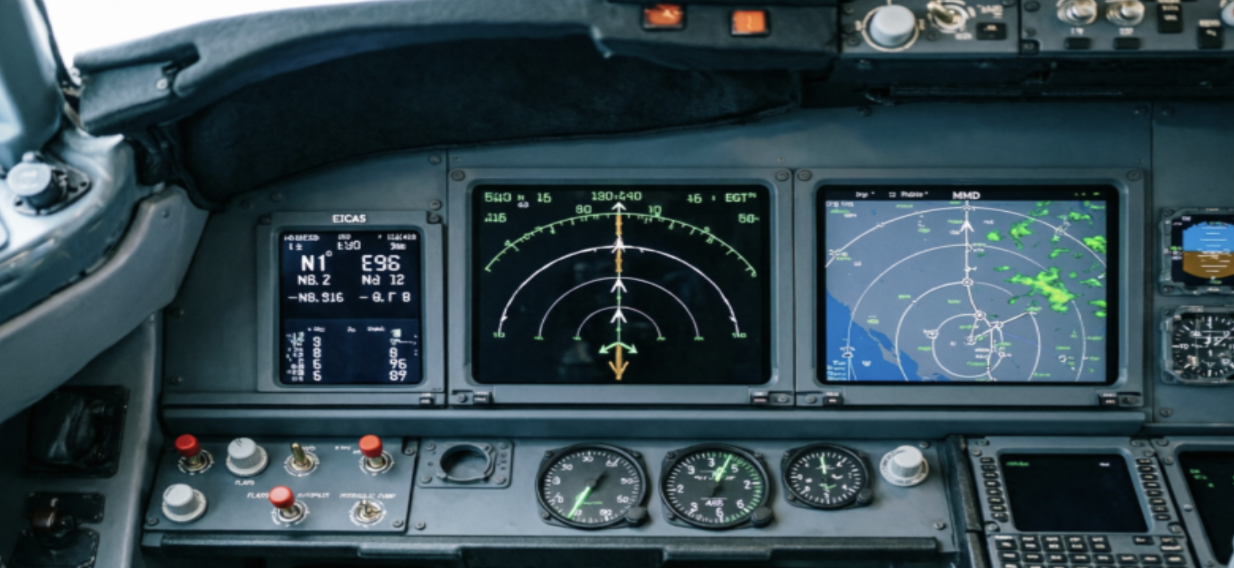 Приборная панель кабины пилотов Боинга с тремя дисплеями.